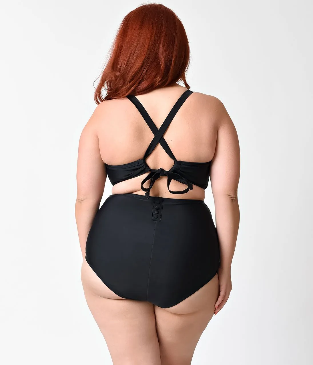 Unique Vintage Plus Size Black Keyhole Halter Mrs. Brooks Swim Top